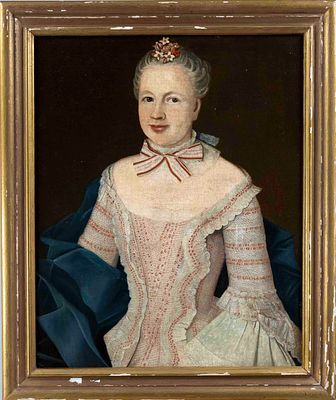 18th-century portrait painter, portrait of a lady with floral decorations in her pinned-up hair 