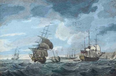 Unknown graphic artist of the 17th century, large sailing ship in front of a steep coast, color 
