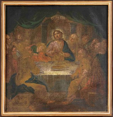 Unknown religious painter, circa 1700, The Last Supper, oil on canvas, small tear on the left 