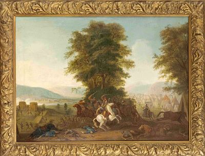 Unknown historical painter of the 18th century, multi-figure battle scene in a military camp 