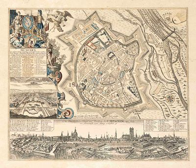 Historical map of Munich -- bird's-eye view city map with panorama view and legend below 