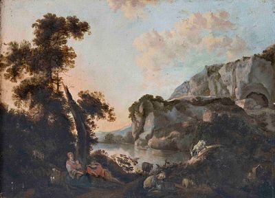 German painter of the 18th century, bucolic scene with resting shepherd families with goats on 
