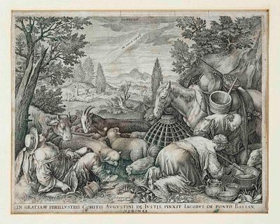 Raffaello Guidi (1540-ca.1613), The Calling of Abraham, copper engraving with Latin inscription 