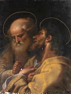 Sacred painter of the 18th century, two apostles in prayer, oil on canvas, probably a fragment 