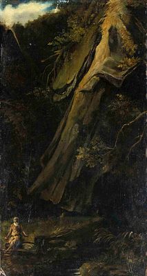 Unknown artist of the 17th/18th century, Hermit in a rocky gorge, oil on canvas, mounted on 