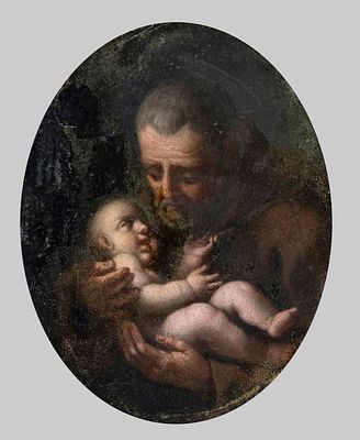 Italian school of the 17th/18th century, Joseph with the Christ Child, oil on copper, oval 