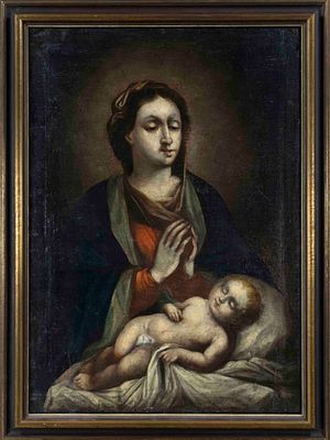 Sacred painter of the 18th century, devotional painting Madonna adoring the infant Jesus, oil 