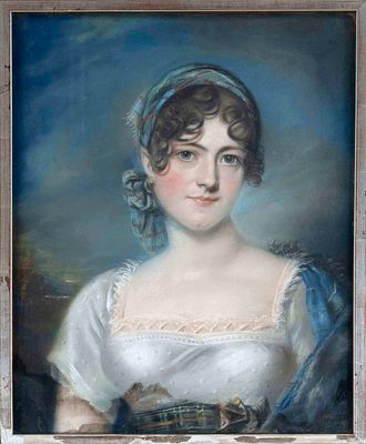 Portrait painter circa 1800, portrait of a young lady in Empire style, pastel chalk on paper 