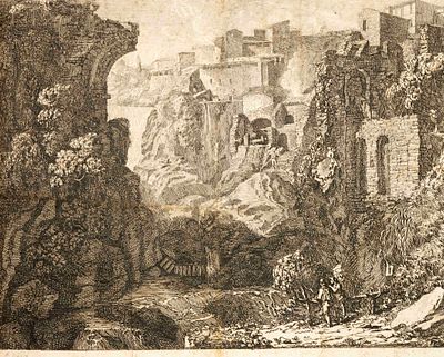 Unknown graphic artist of the 18th century, Ruined Landscape, etching on handmade paper 