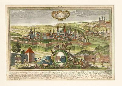 Two historical views of Würzburg -- ''Herbipolis,'' color etching by Martin Engelbrecht 