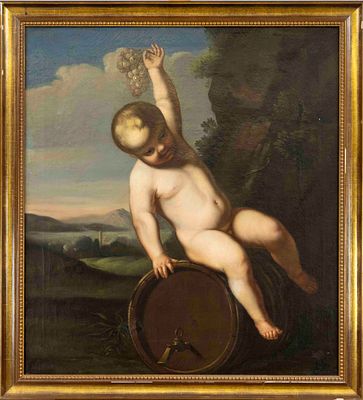 Flemish painter of the 17th/18th century, Bacchante boy sitting on a wine barrel, triumphantly 