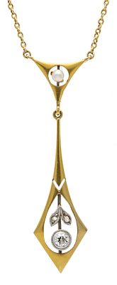 Art Nouveau centerpiece necklace GG/WG 585/000 partially matted, set with an old-cut diamond 