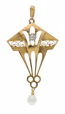 Art Nouveau pendant GG/WG 585/000 with a teardrop-shaped white cultured pearl 5 x 4.5 mm and an 