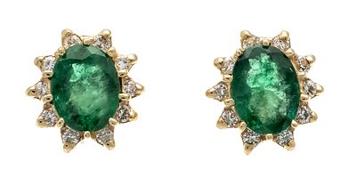 Emerald stud earrings GG 585/000 with 2 oval faceted emeralds 7.9 x 6.1 mm green, translucent 