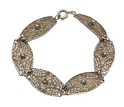 Bracelet, silver, filigree work with 6 elements, spring ring, L. 18.5 cm, 9.5 g