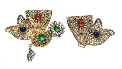 East Frisian belt buckle, silver, unmarked, tested, with round faceted colored gemstones, L. 