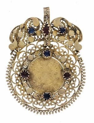 Large coin pendant, silver-gilt, unmarked, tested, set with a 20 Kreuzer coin from 
