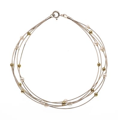 5-row wire rope bracelet with balls and spring ring WG 333/000 and white cultured pearls 3 mm 
