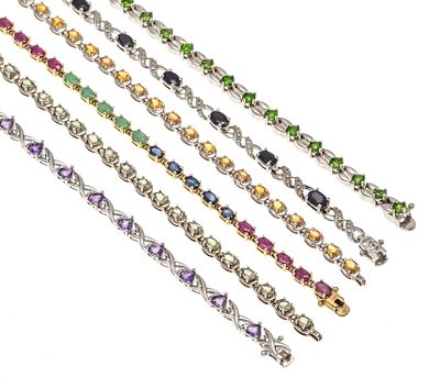 6-piece set of bracelets silver 925/000 with different colored gemstones, 4x box clasp, 2x 