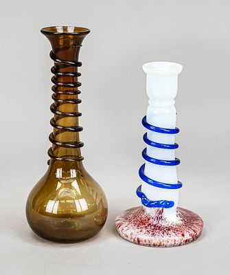 Two artist vases, 20th century, each with a round base, bulbous body, slender neck with applied 