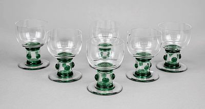 Six goblets, 20th century, round disc base, wide straight hollow stem with melted nubs 