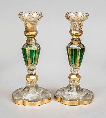 Pair of candlesticks, probably Murano, 1st half of the 20th century, flower-shaped base 