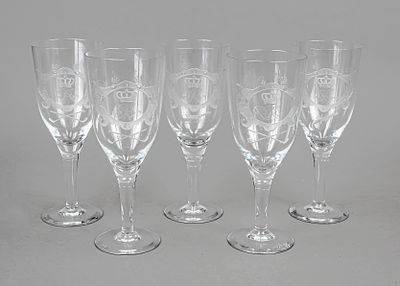 Five large goblets, 20th century, round disc base, slightly conical stem merging into the bowl 