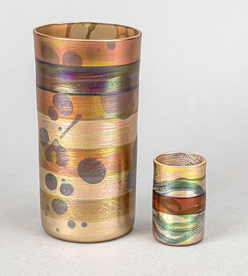 Two artist glass vases, 1990, designed by Isgard Moje-Wohlgemuth, each cylindrical cup shape 