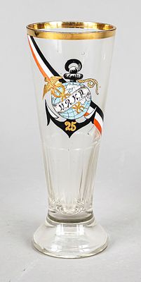 Beer glass, early 20th century, round base, conical body, clear glass with gold decoration and 