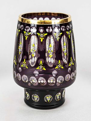 Vase, 20th century, round base, body with tapered walls, clear glass, predominantly violet 
