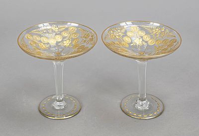 Pair of champagne bowls, 2nd half of the 20th century, round disc base, conical angular stem 
