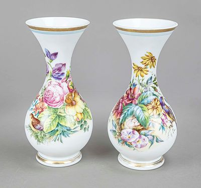 Pair of frosted glass vases, early 20th century, club shape, white frosted glass with rich 