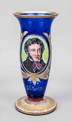 Vase, Russia, 20th century, round base, curved body, flared rim, blue glass, with enamel 