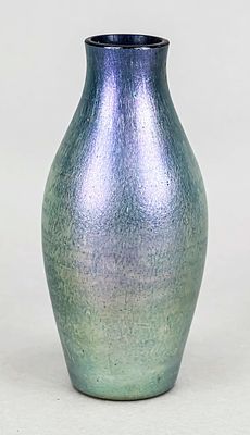 Art Nouveau vase, circa 1900, round base, bulbous body, cobalt blue glass, iridescent overlay 
