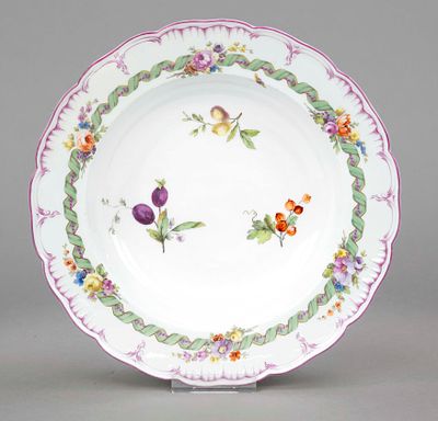 Deep plate, KPM Berlin, circa 1780, 1st choice, Neuglatt shape, polychrome painted with various 