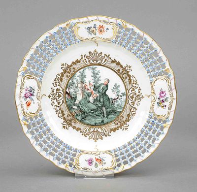Picture plate, KPM Berlin, marked before 1945, 2nd choice, Rocaille shape with lattice-like 