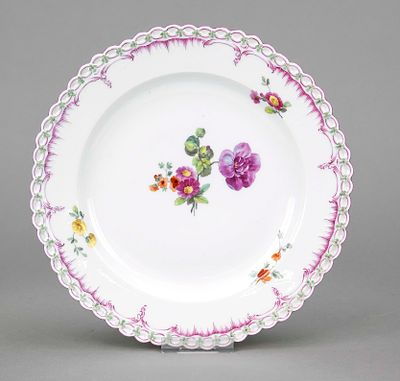 Dessert plate, KPM Berlin, circa 1780, 1st choice, royal smooth, polychrome flower painting 