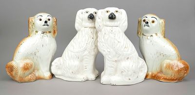 Two large pairs of mantel dogs 'Spaniels', so-called captain's dogs, Staffordshire, England 