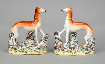Pair of hunting dogs, Staffordshire, England, 1st half of the 19th century, earthenware 