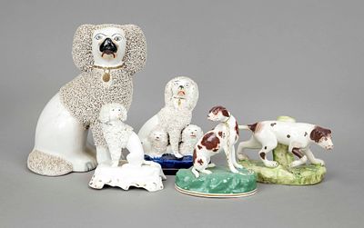 Five dogs, Staffordshire, England, 19th century, earthenware, large poodle with textured coat 