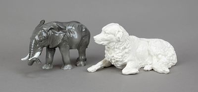 Two animal figures, Standing Elephant, Karls Ens, mill mark, Volkstedt, gray painted, chipped 
