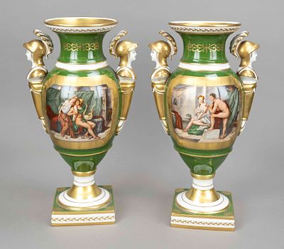 Pair of Empire style vases, Limoges, France, 20th century, amphora shape with side handles in 