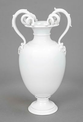 Snake-handle vase, KPM Berlin, white, amphora shape on round base, raised, twisted double snake 