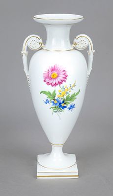 Amphora vase, Meissen, 20th century, second choice, raised rosette handles, ovoid body on round 
