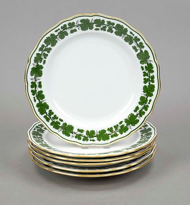 Six dinner plates, Meissen, marks after 1934, mostly 1st choice, new cut shape, vine leaf 