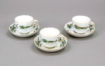 Three mocha cups with saucers, Meissen, marks after 1934, 1st choice, new cut shape, green 