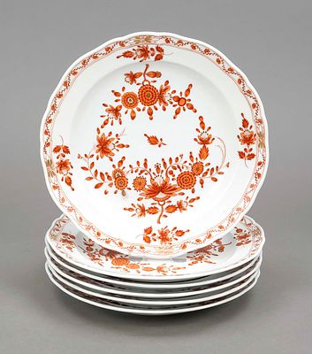 Six dessert plates, Meissen, knobbed swords 1850-1924, 1st choice, new cut shape, Indian flower 