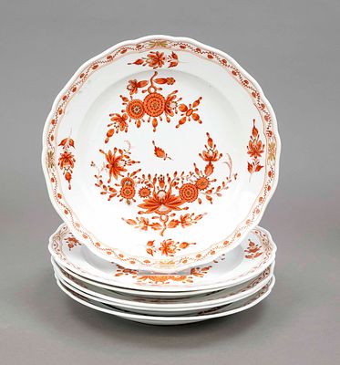 Six dinner plates, Meissen, knobbed swords 1850-1924, 1st choice, new cut shape, Indian flower 