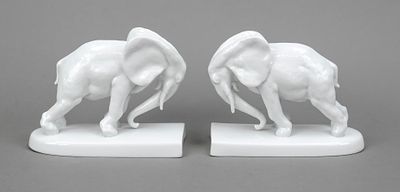 Pair of elephants as bookends, Rosenthal, Selb, marked 1921-38, designed by Hans K&uuml;ster 