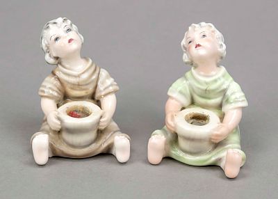 Two angels as candlesticks, Goldscheider, Vienna, 1x Made in Germany, 20th century, designed by 